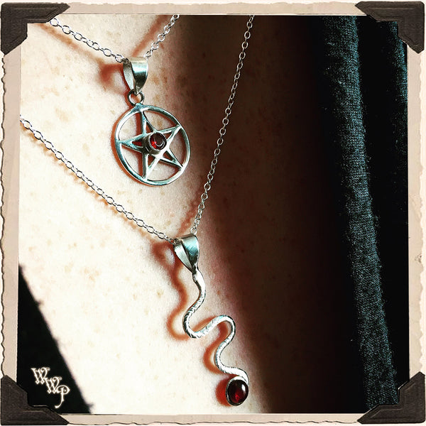 GARNET SERPENT NECKLACE. Sterling Silver Talisman for Kundalini Passion & Power.