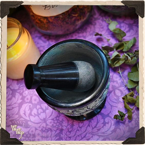 PESTLE & MORTAR Black Floral Carved Soapstone botanical grinder for Incense, resins & herbs.
