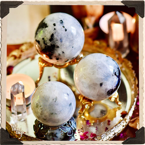 RAINBOW MOONSTONE CRYSTAL SPHERE. For Full Moon, Feminine Energy & Calming Emotions. White Witch Parlour