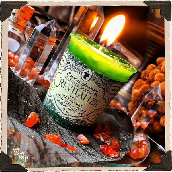 REVITALIZE VOTIVE CANDLE. All Natural Myrrh Resin, Citronella Essential Oil & Carnelian Crystal