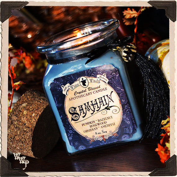 SAMHAIN APOTHECARY CANDLE 8oz. Scent of Pumpkin, Hazelnut & Rosewood. Blessed by Amethyst & Obsidian.