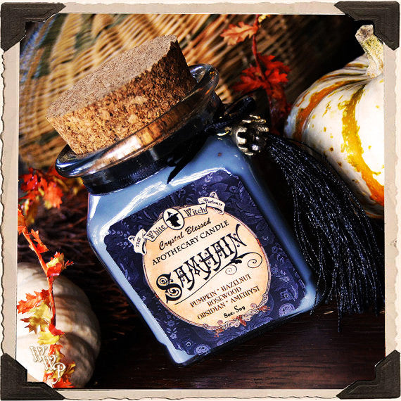 SAMHAIN APOTHECARY CANDLE 8oz. Scent of Pumpkin, Hazelnut & Rosewood. Blessed by Amethyst & Obsidian.