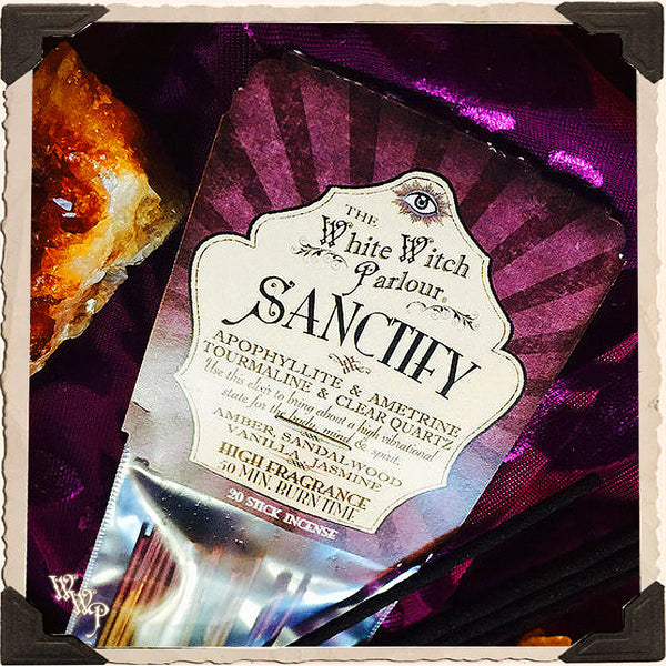 SANCTIFY Elixir INCENSE. 20 Stick Pack. Scent of Vanilla, Sandalwood, Jasmine & Amber. Blessed by Apophyllite, Ametrine, Tourmaline & Clear Quartz Crystals.