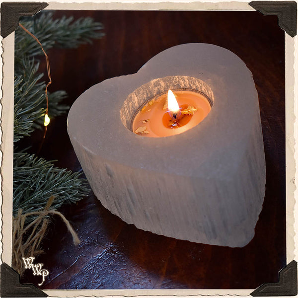 SELENITE HEART Crystal Tealight Candle holder. For Full Moon Magick, Goddess & Cleansing Energy.