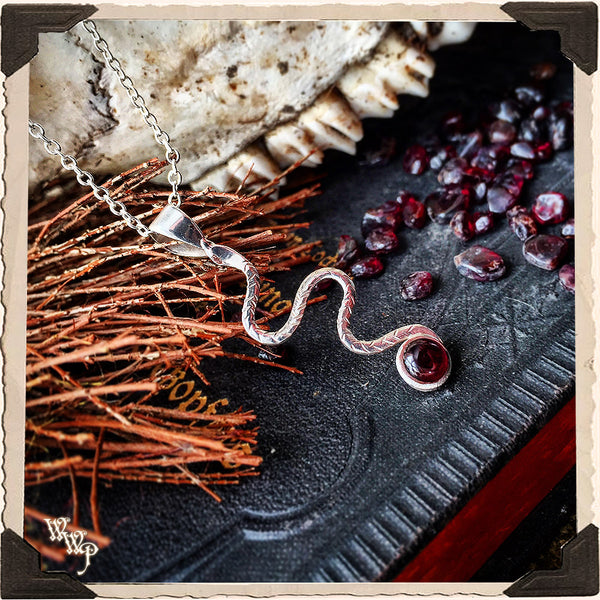 GARNET SERPENT NECKLACE. Sterling Silver Talisman for Kundalini Passion & Power.