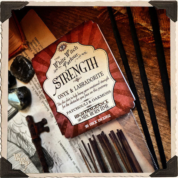 STRENGTH Elixir INCENSE. 20 Stick Pack. Patchouli & Oak Moss. Blessed with Labradorite & Onyx Crystals. White Witch Parlour