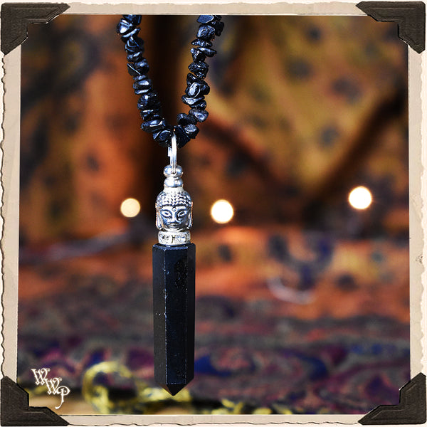 BLACK TOURMALINE BUDDHA NECKLACE. Crystal Talisman for Witchcraft & Spiritual Protection