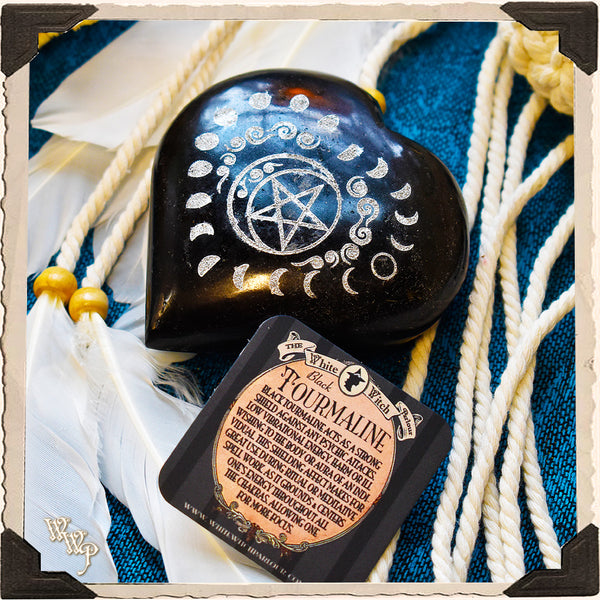 BLACK TOURMALINE HEART CRYSTAL With Moon Phases & Pentacles For Witchcraft, Empaths & Spiritual Protection. White Witch Parlour