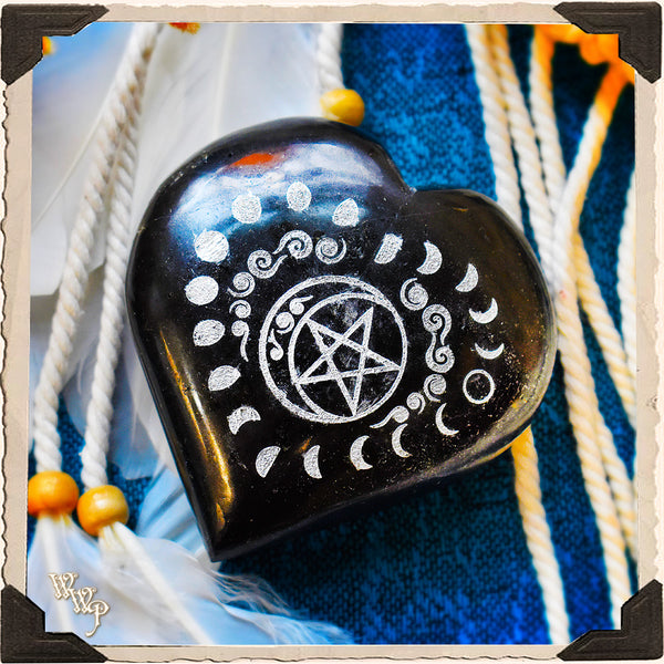 BLACK TOURMALINE HEART CRYSTAL With Moon Phases & Pentacles For Witchcraft, Empaths & Spiritual Protection. White Witch Parlour