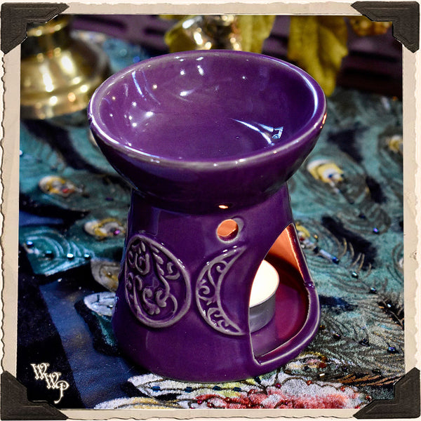 TRIPLE MOON AROMA OIL BURNER. Purple Ceramic Wax Warmer Altar Decor