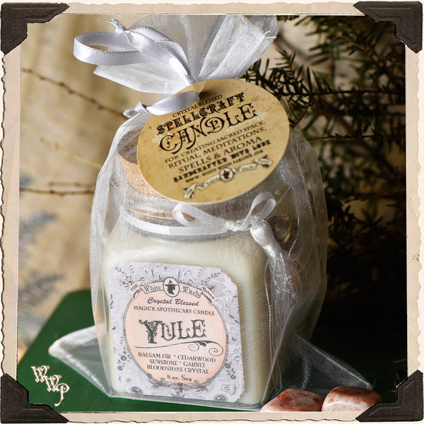 YULE APOTHECARY CANDLE 8oz. Winter Solstice. Scent of Balsam Fir Pine & Cedarwood. Blessed by Sunstone, Garnet & Bloodstone.