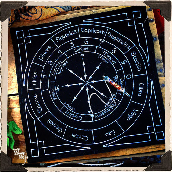 ZODIAC / ASTROLOGY PENDULUM MAT. Black Velvet With Numbers & Days. For Astrological Divination & Spiritual Insight.